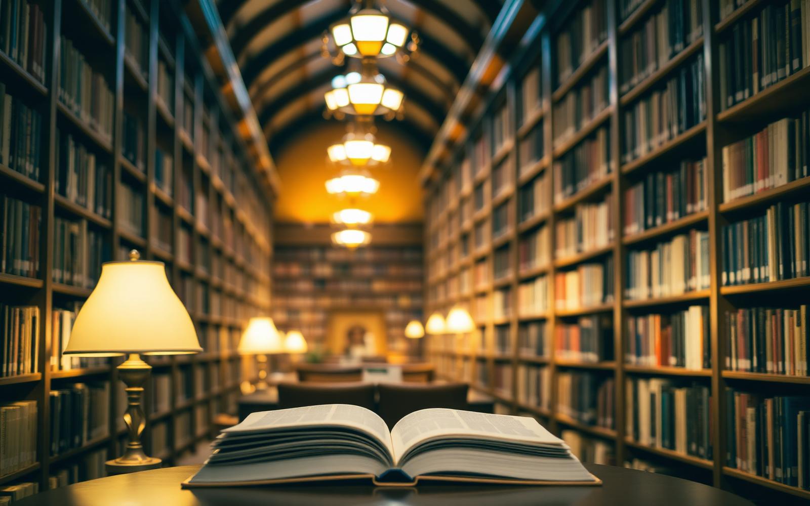 Warm library interior with rows of wooden bookshelves